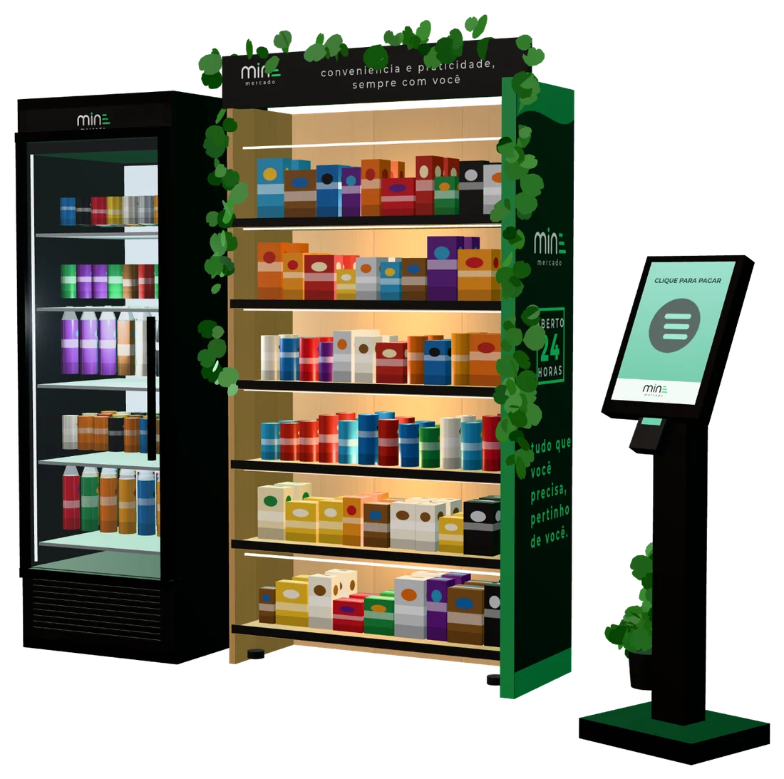 Módulo MINE Mercado: refrigerador iluminado, gôndola de madeira abastecida e totem de autoatendimento